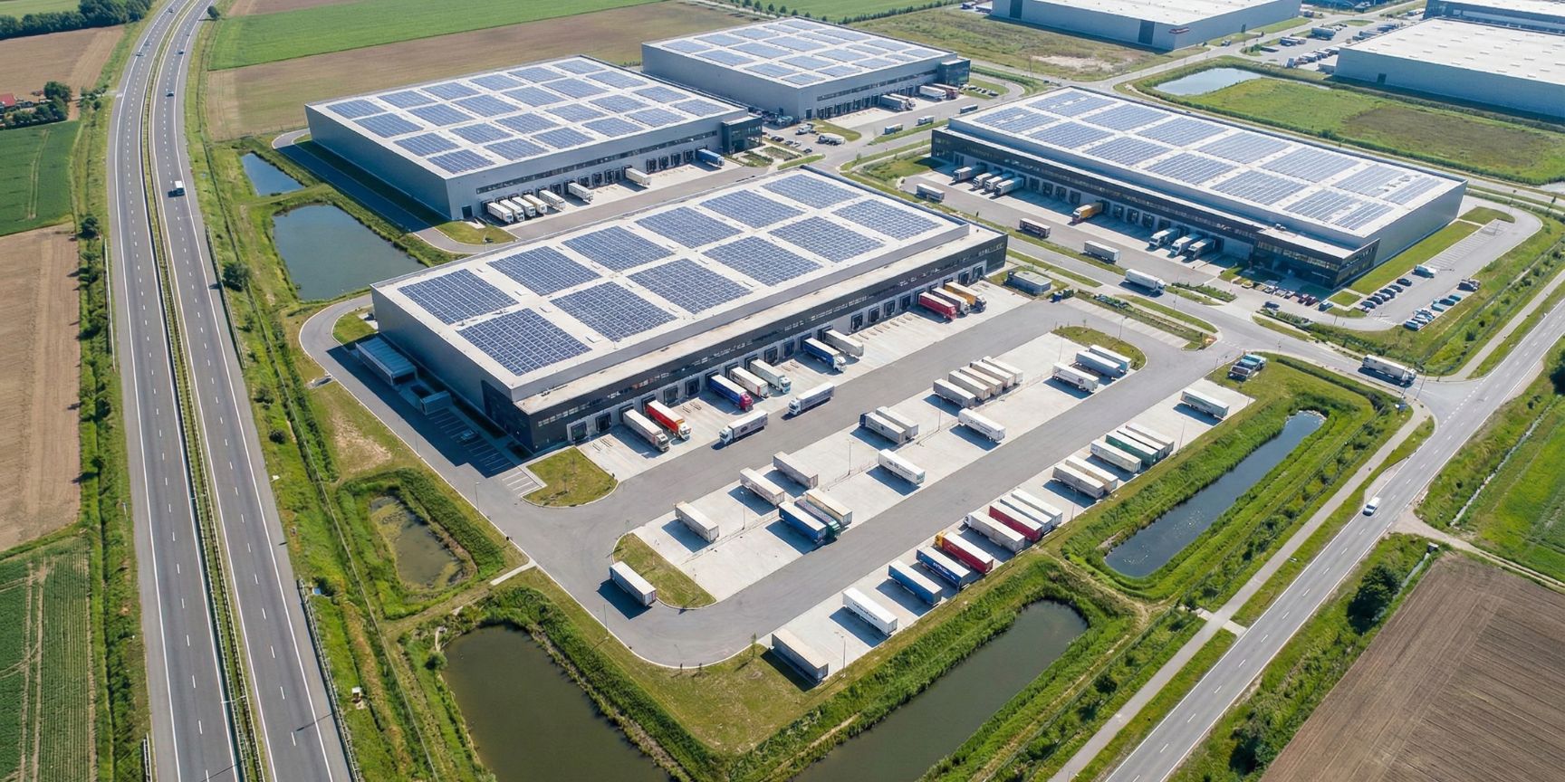 Luftaufnahme eines modernen Logistikparks in einem Industriegebiet, der die praktische Umsetzung eines Bebauungsplans mit großen Hallen, hoher Bodenversiegelung für Ladehöfe und Verkehrsanbindung zeigt.